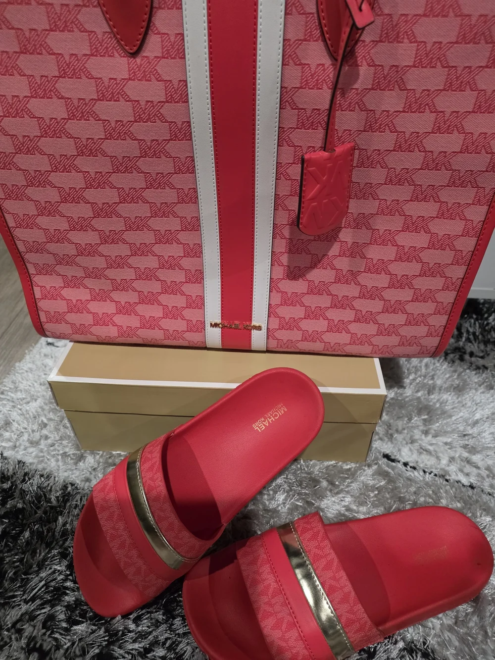 Michael Kors Grapefruit Pink Signature Stripe Tote with Matching Slides